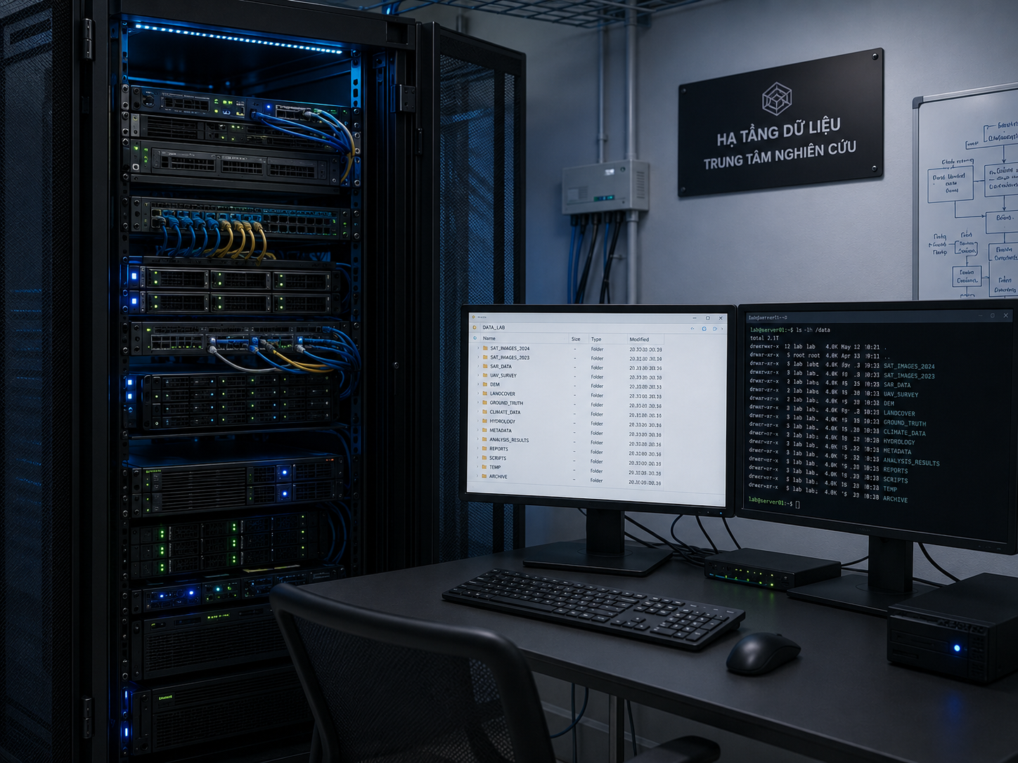Tủ rack máy chủ và máy trạm xử lý ảnh trong phòng kỹ thuật của phòng lab